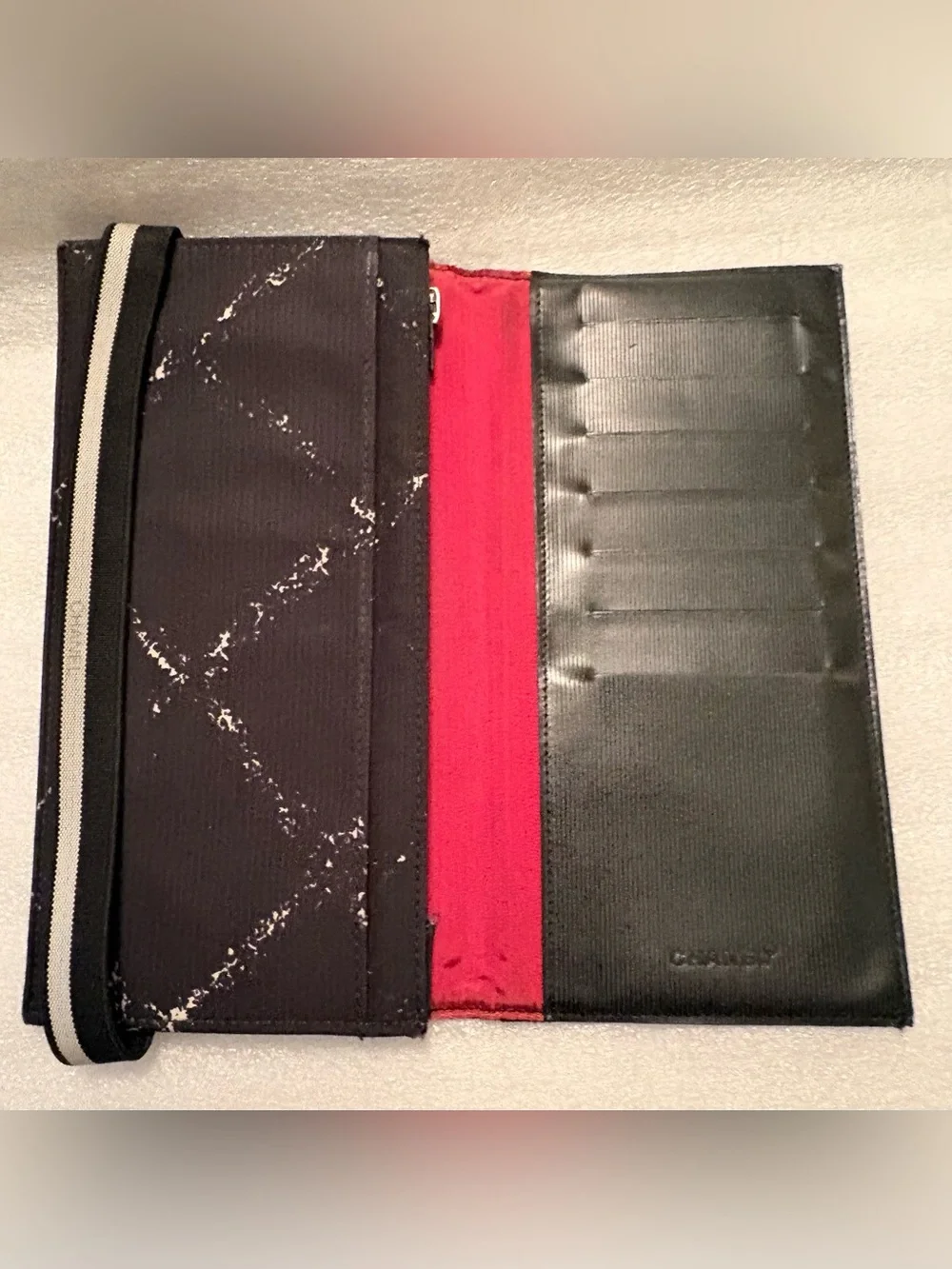 CHANEL Vintage Travel Line Wallet Black Nylon Jacquard Red Interior Auth Card